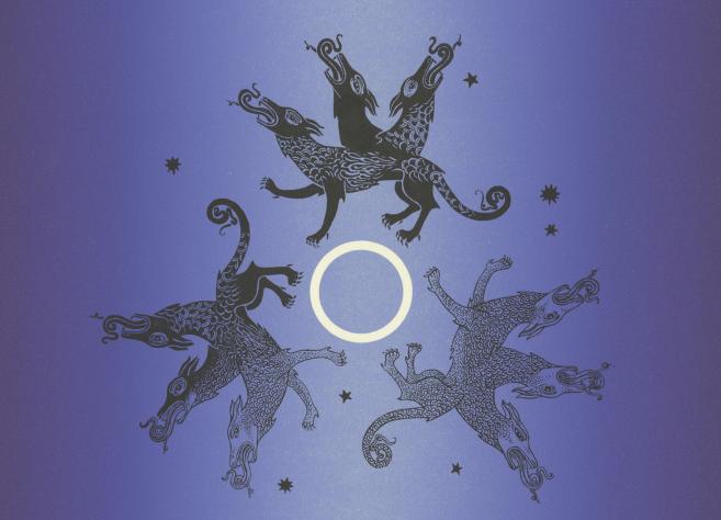 Against a dark blue and violet background, five black decorative dragon-like creatures are arranged around a white circle with small stars nearby.