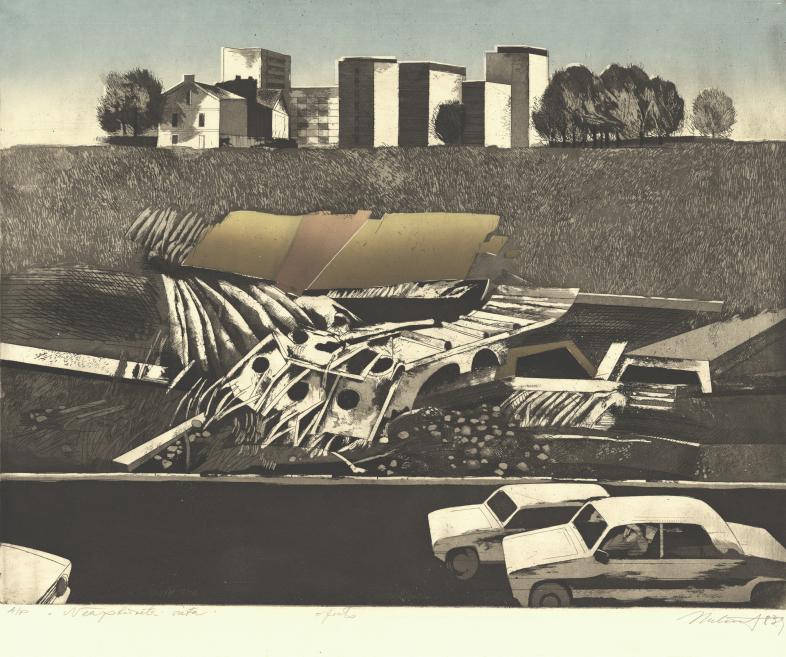 Graphic artwork showing a rural landscape with a collapsed or excavated road structure in the foreground, and a house, trees, and several tall block-like buildings in the distance.