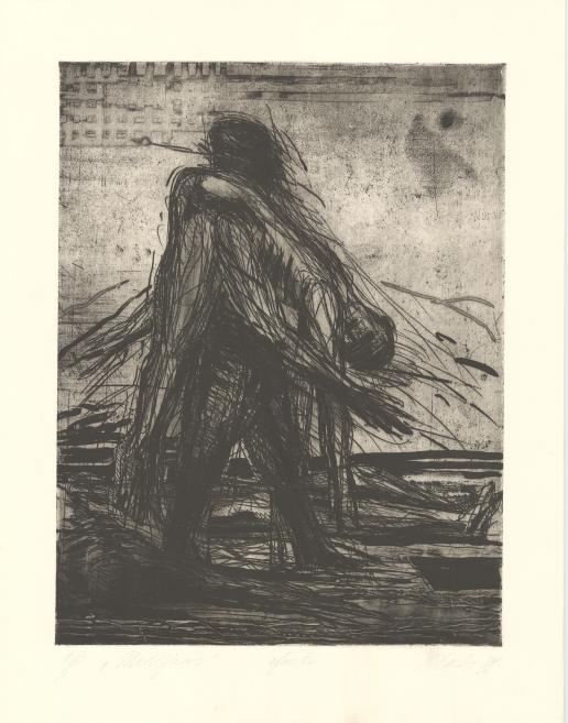 Black line print depicting a standing nude female figure seen from behind against a gray background.