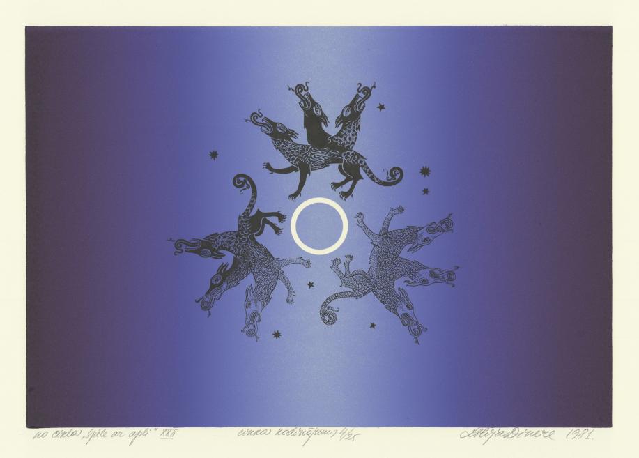 Graphic print with four fantastic, beast-like figures circling a bright ring on a violet background.