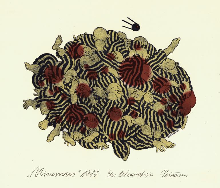 Color graphic showing a tightly intertwined pile of black-striped nude figures with some red and pale yellow details on a light background.