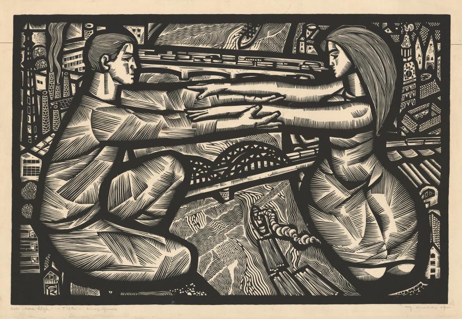 Woodcut print with two seated figures reaching toward each other, set against a stylized cityscape background.