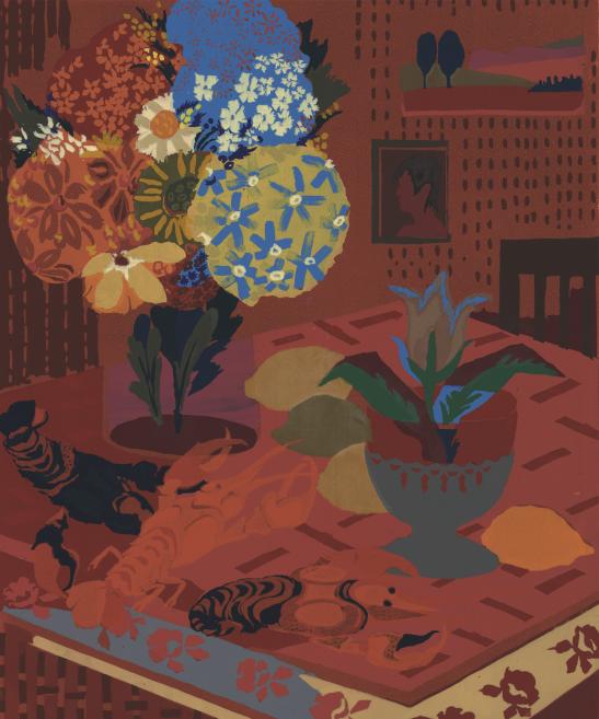 Colorful decorative composition with large flower bouquets in vases and pots on a reddish-brown background, with interior details and a landscape motif on the wall.