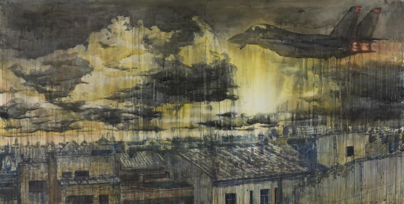 Painted panoramic view of city rooftops under dark clouds, with military aircraft flying in the sky.