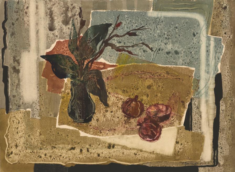 Still life with a dark vase, plant branches and three reddish fruits on an abstract, collage-like background.