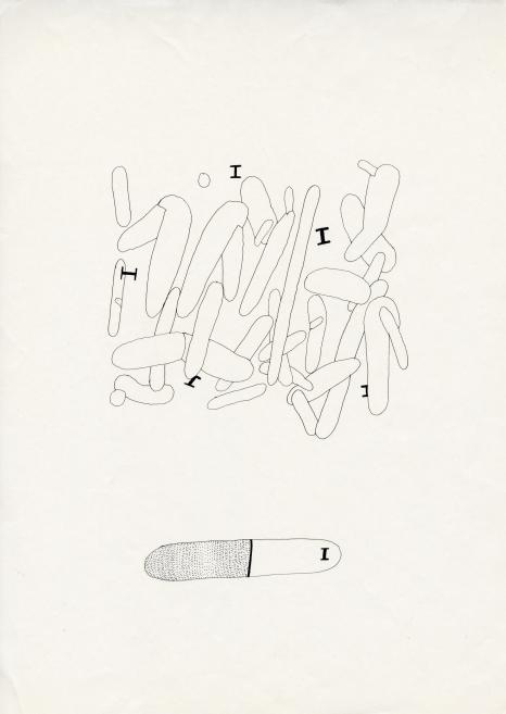 A black line drawing on white paper shows abstract overlapping elongated shapes and several letter I forms, with a capsule-like shape at the bottom shaded on the left half.