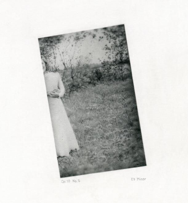 Black-and-white photograph of a woman in a white dress standing in a garden near trees and grass, printed on a page with the inscriptions Op. 10 No. 6 and Eb Minor.