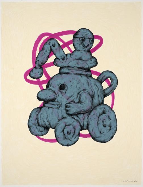 Blue-gray surreal painting of a distorted human-like figure on a light background with pink looped lines behind it.