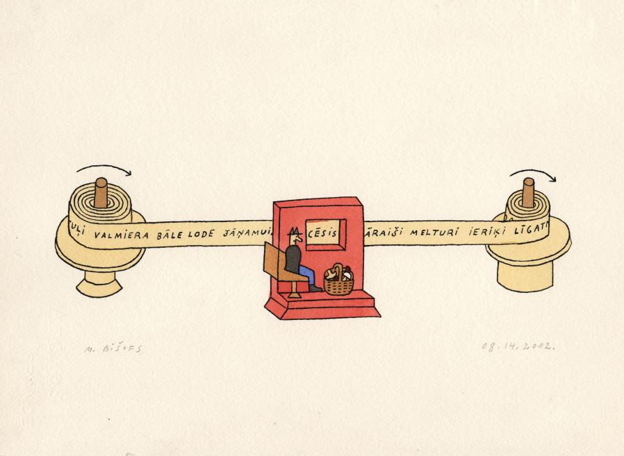Color drawing with a long strip between two spool-like rolls, a red booth in the center with a seated figure and the inscription CĒSIS.
