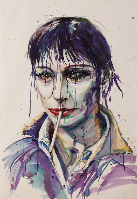 Watercolor portrait of a short-haired woman with dark hair and a cigarette at her lips, on a white background with purple and blue brushstrokes.