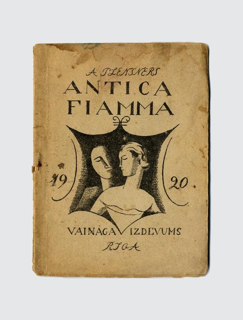 Worn magazine cover with the text Antica Fiamma, 19 20, Vainaga izdevums and Rīga, decorated with a black-and-white stylized illustration of two figures.