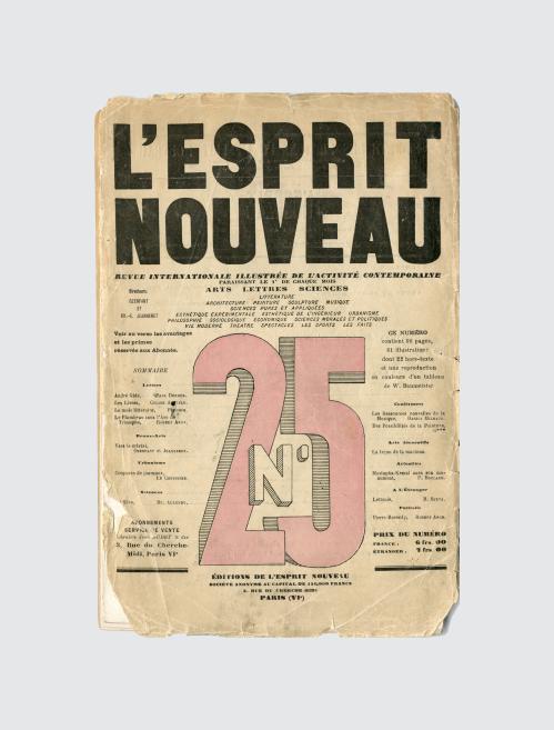 Nolietots žurnāla L’Esprit Nouveau vāks ar lieliem melniem burtiem un rozā ciparu 25 uz bēša fona.