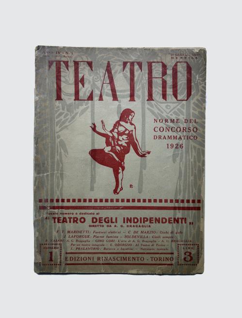 Nolietots žurnāla Teatro vāks ar sarkanu dejotājas siluetu un teksta uzrakstiem uz pelēcīga fona.