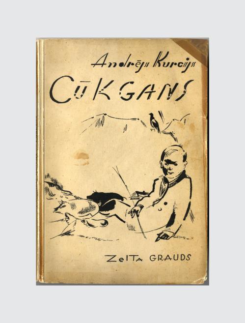 Zeltenīgs grāmatas vāks ar melnu grafisku zīmējumu, kur attēlots sēdošs vīrietis, kalna ainava un teksts Andrējs Kurcijs, Čukstams, Zeļta Grauds.