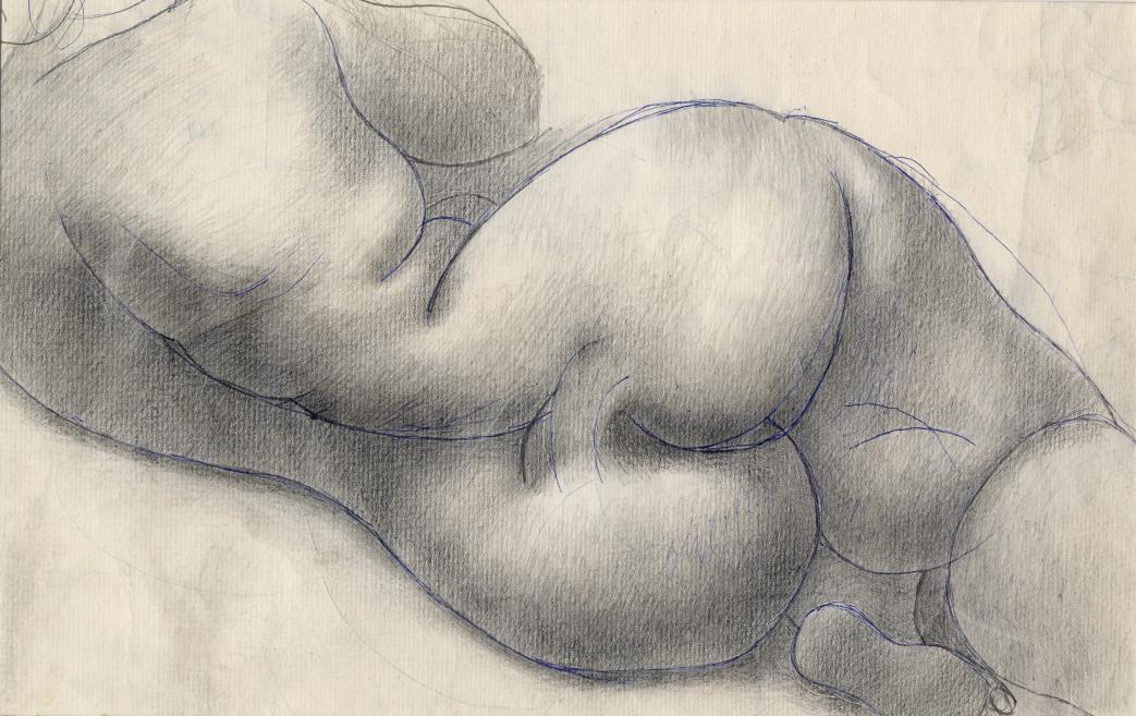 Abstract pencil drawing with blue line accents showing large overlapping rounded and curved forms on light paper.