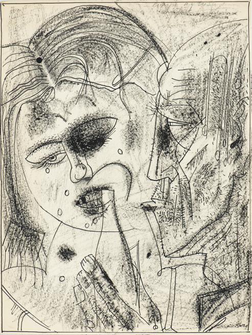 Black-and-white expressive drawing of a woman's face with rough lines and shading.
