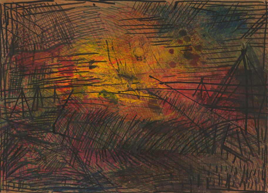Abstract multicolored composition with red, yellow, green, and blue tones overlaid by black intersecting lines and strokes.