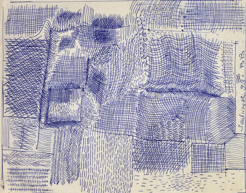 Abstract line drawing in blue pen on paper with numerous overlapping grids, wavy lines, and hatch marks.