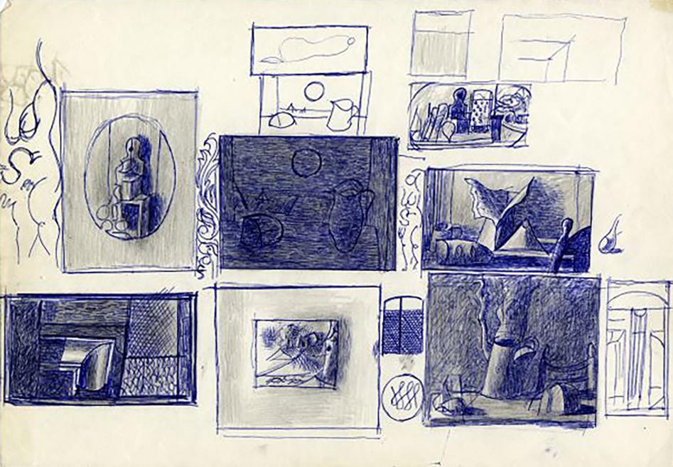 Blue-pen composition of abstract sketches and small landscape studies on light paper.