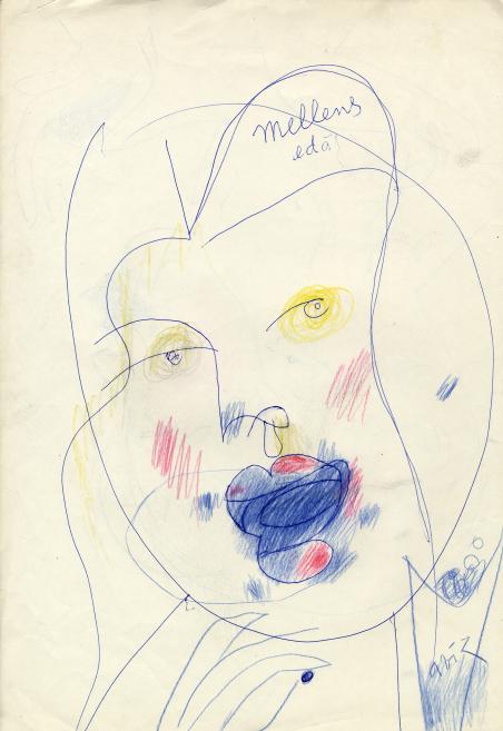 A child’s portrait drawn in blue, yellow and pink pencil on light paper, with large eyes, red-shaded cheeks, and the word Mellens at the top.