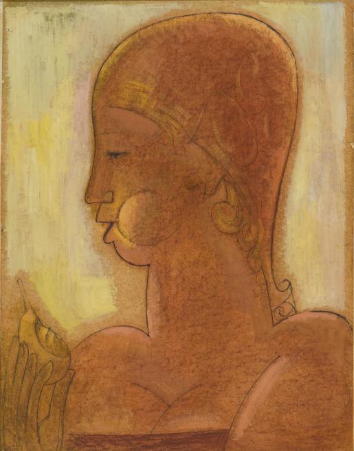 Stylized female bust in profile with a brown head and a yellowish background, drawn and toned on paper.