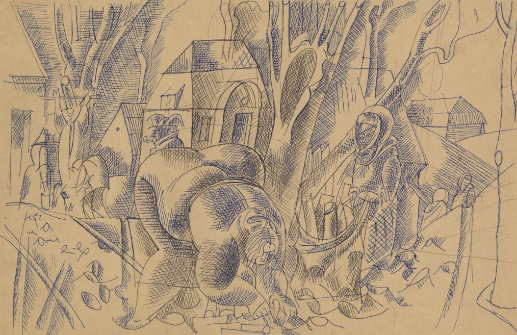 Blue pen drawing on brown paper showing an abstract composition with trees, buildings, and several figures in clothing and head coverings.