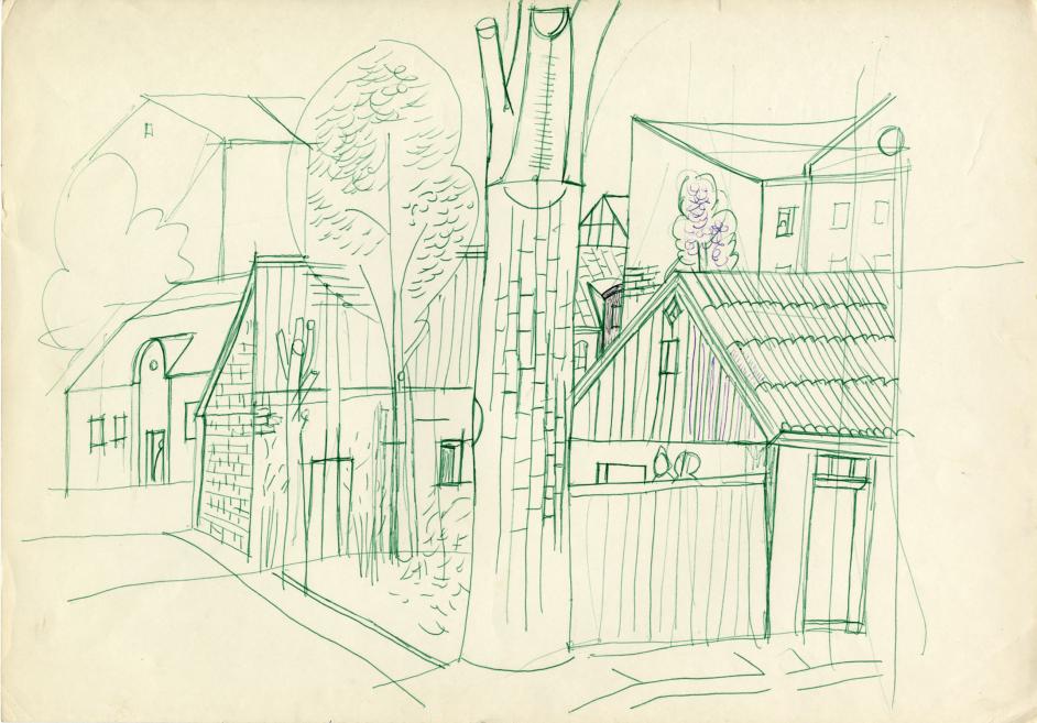 Green line sketch drawing of a street with several residential buildings, trees, and rooftops in perspective.