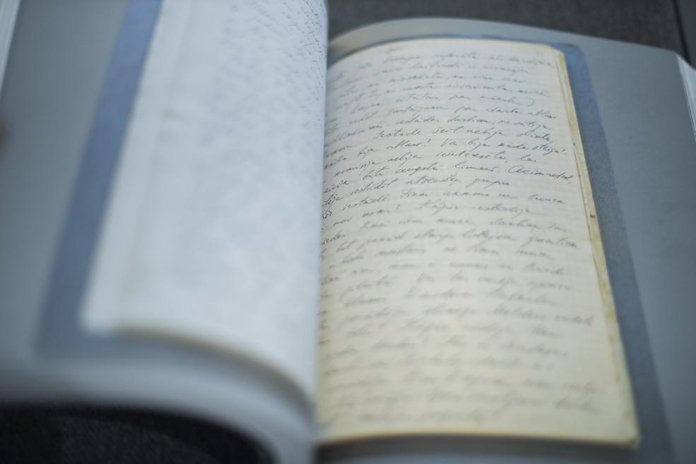 Grāmata &ldquo;Ojārs Ābols. Cilvēka absurdie projekti uz Zemes&rdquo; uz gleznotājam veltītās izstādes fona Latvijas Nacionālajā mākslas muzejā. 2026. Foto: Estere Rožkalne