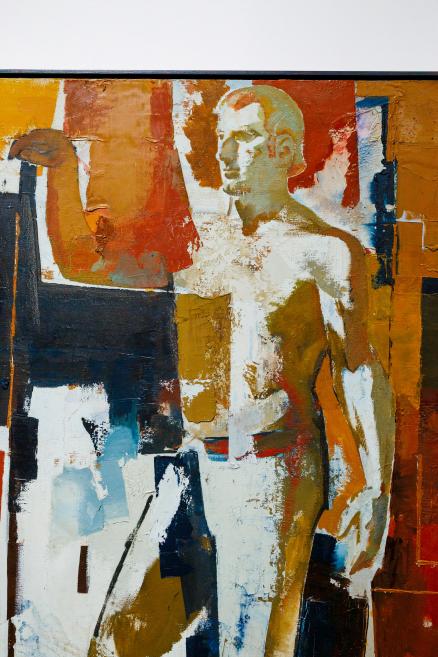 Figurative painting depicting a standing nude male figure rendered in an expressive manner, with rough texture and warm brown, ochre, red, and dark color fields.
