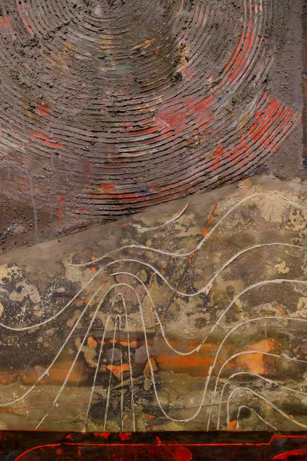 An abstract painting with concentric textured arcs and incised wavy lines, rendered in grey-brown and red-orange tones.