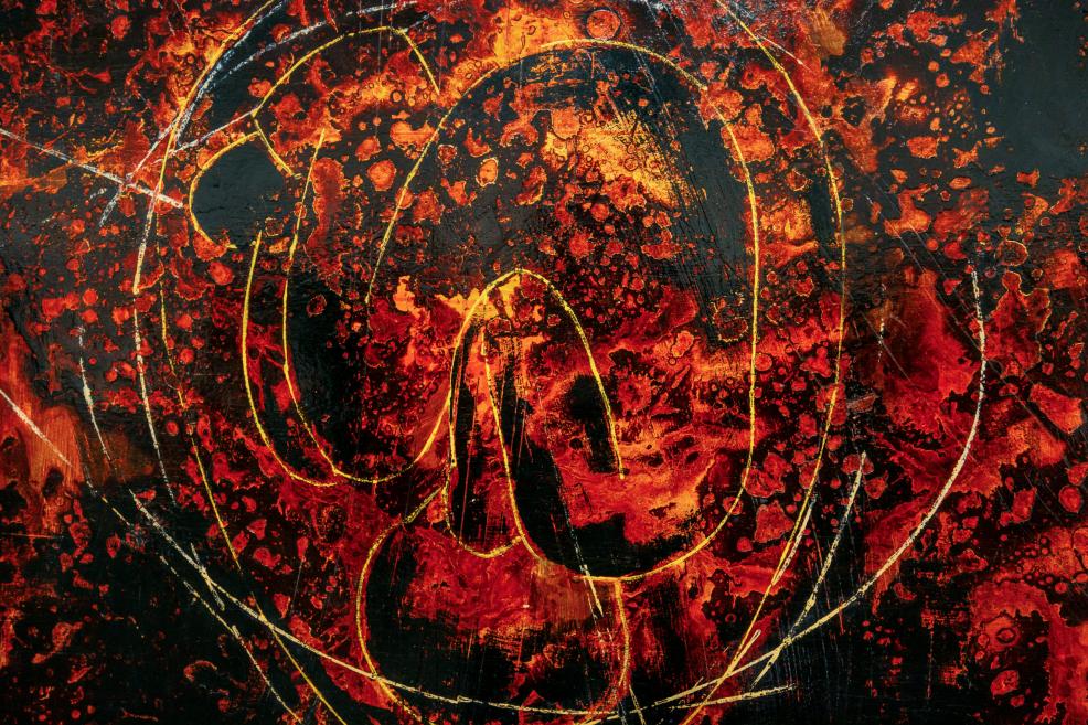 An abstract composition featuring textured red and black colour fields with engraved, linear shapes on a dark background.