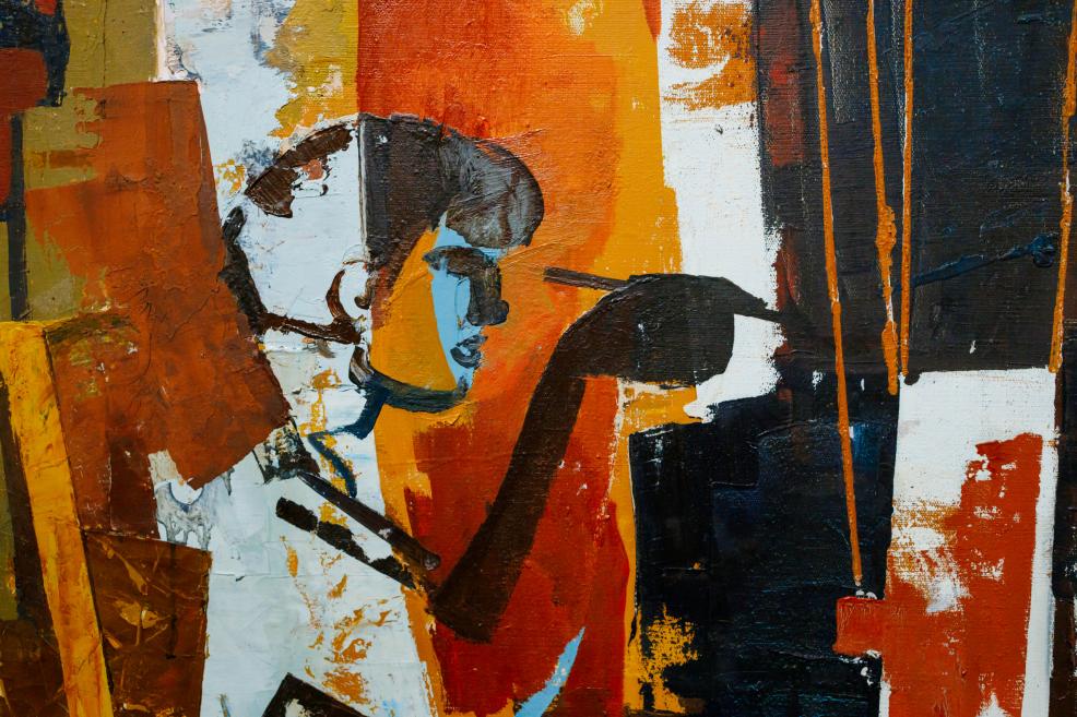 Abstract painting featuring a stylized human figure with contrasting orange, black, and white color fields, pronounced texture, and dynamic lines.