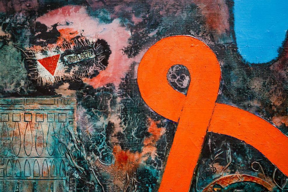 Detail of an abstract painting with a vivid orange line on a dark, textured background, featuring layered paint and symbolic elements.