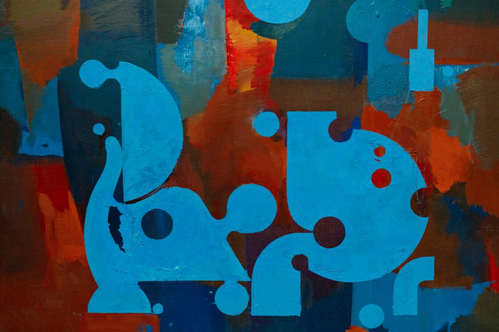 An abstract painting with large blue organic shapes and circles contrasting against a dark red and brown textured background.