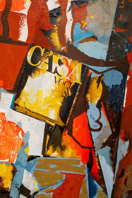 An abstract, expressive painting with a collage-like composition, featuring overlapping red, orange, yellow, bluish, and dark color fields, textured brushwork, and a fragmented inscription reading “CASA”.