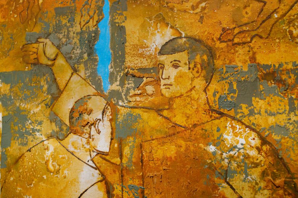 An abstract figurative composition in warm yellow and ochre tones, depicting two stylised human figures with expressive outlines on a textured background.