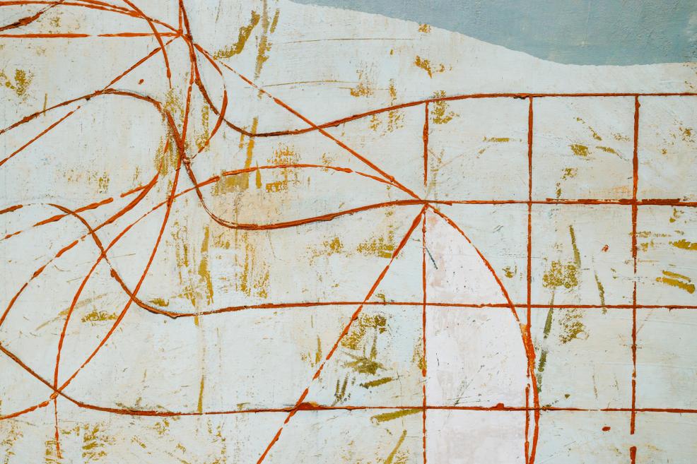 An abstract painting featuring a fine grid structure and dynamic incised orange lines on a light, textured background.