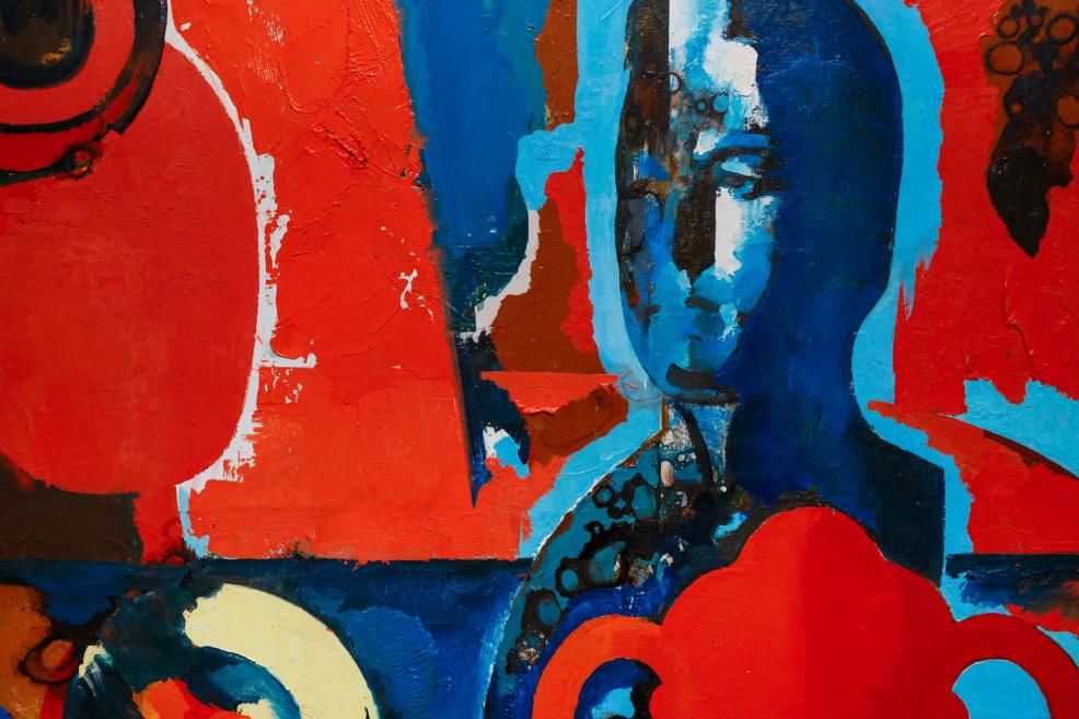 An abstract figurative painting featuring a stylized human face in blue, surrounded by intense red, black, and light blue areas with expressive, thickly applied paint texture.
