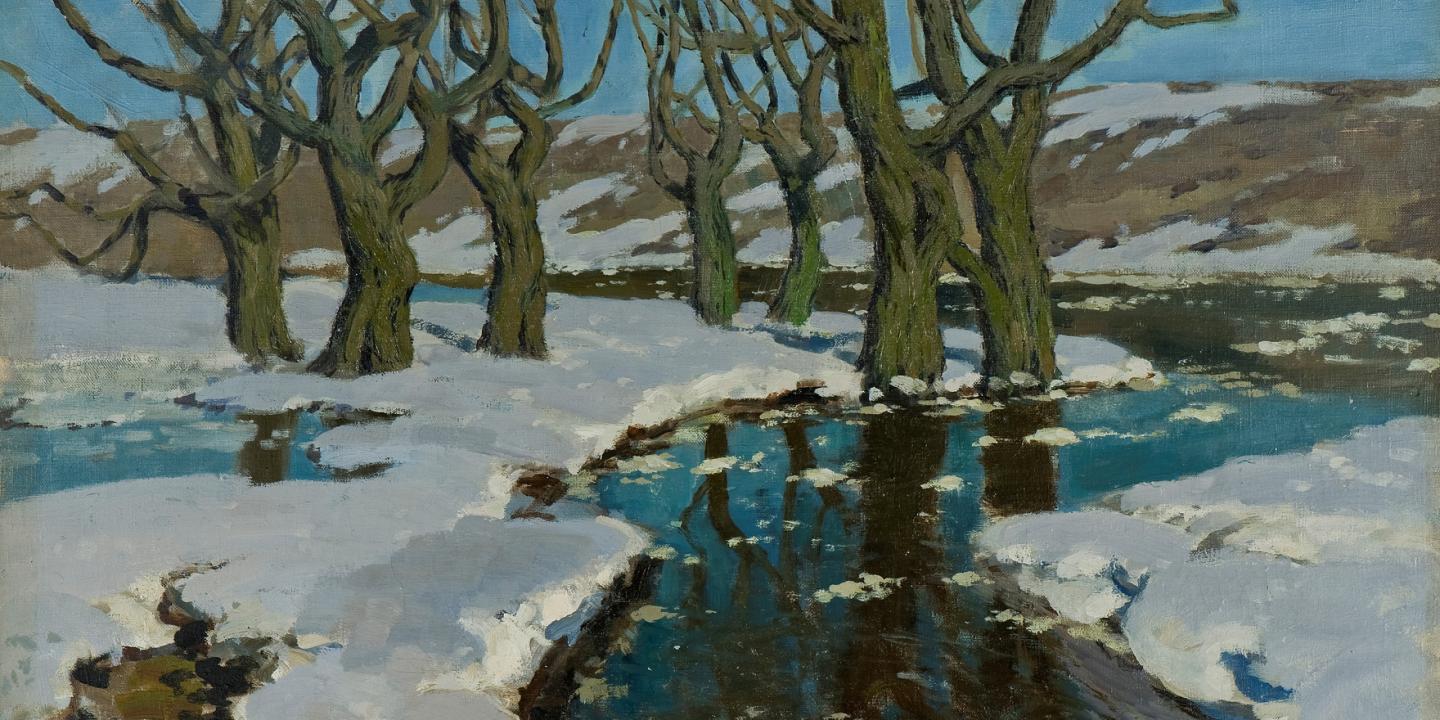 Ziemas ainava ar kailiem kokiem pie ūdensmalas, kur sniegs un koku atspulgi veido kontrastu uz zilā debesu fona.