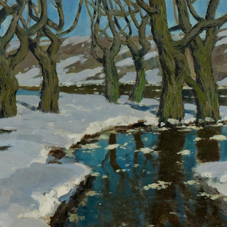 Ziemas ainava ar kailiem kokiem pie ūdensmalas, kur sniegs un koku atspulgi veido kontrastu uz zilā debesu fona.