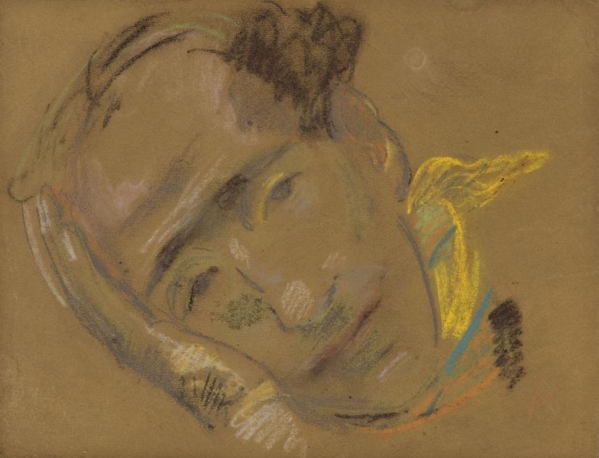 The drawing shows a close-up of a woman’s head gently tilted and resting on her hand, rendered in soft pastel tones with loose, expressive strokes against a warm brown background.