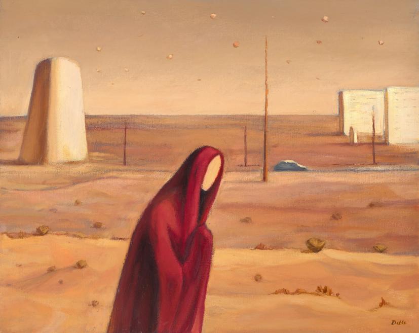 A woman in a red dress in the desert.