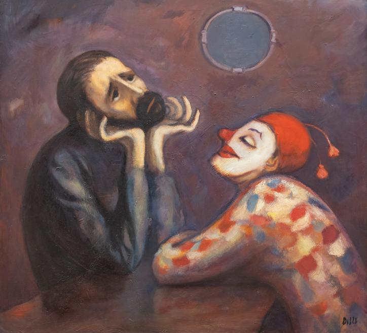 A conversation between a man and a clown at the table.