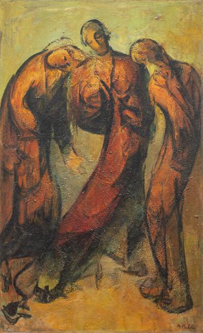 Three brown, abstract figures.