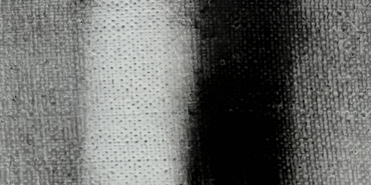 Black-and-white artwork depicting blurred shapes. Visible texture of canvas.