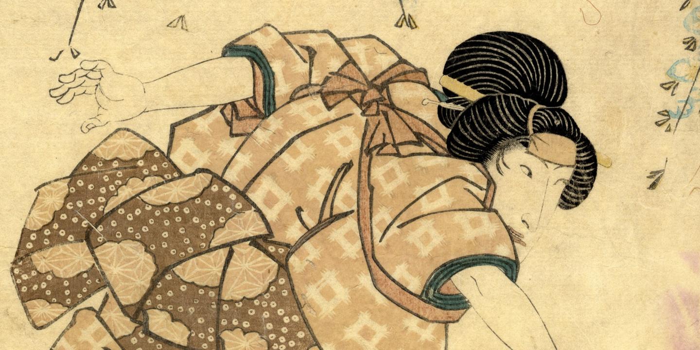 Japāņu stila zīmējums, kurā attēlota sieviete kimono ar sakārtotiem matiem, noliecusies kustībā uz sāniem.