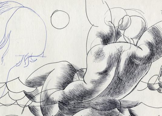 Melnbalts zīmējums ar stilizētu kailfigūru kustībā, papildināts ar vienkāršotām galvas un figūras skicēm.