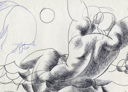 Melnbalts zīmējums ar stilizētu kailfigūru kustībā, papildināts ar vienkāršotām galvas un figūras skicēm.