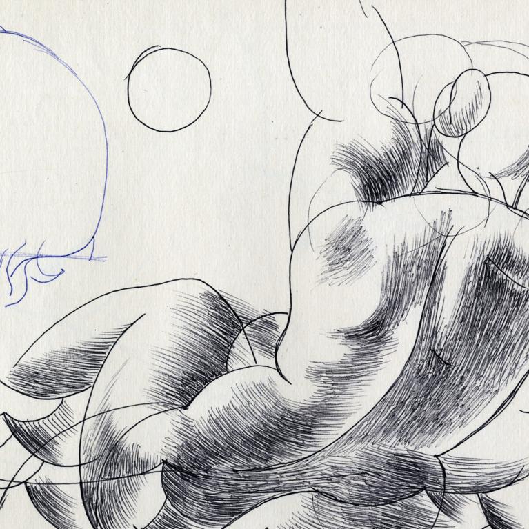 Melnbalts zīmējums ar stilizētu kailfigūru kustībā, papildināts ar vienkāršotām galvas un figūras skicēm.