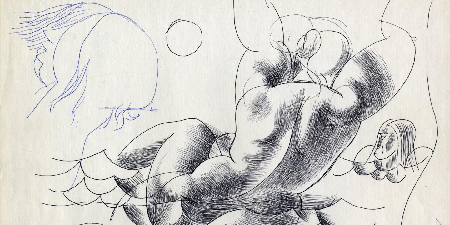 Melnbalts zīmējums ar stilizētu kailfigūru kustībā, papildināts ar vienkāršotām galvas un figūras skicēm.